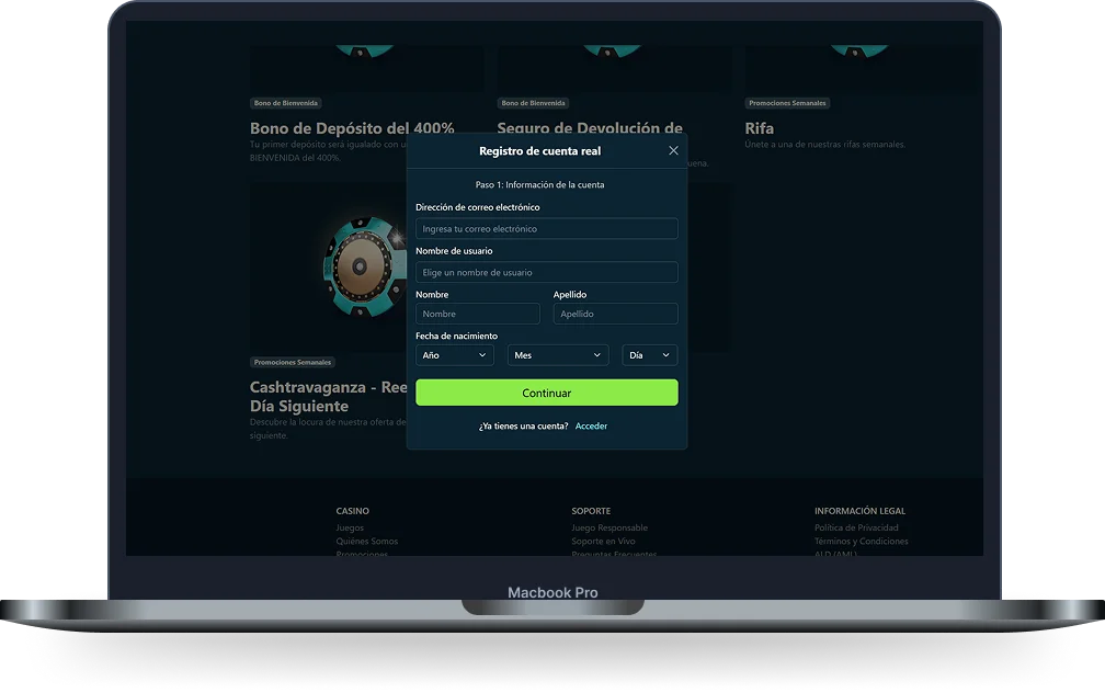 Dendera Casino formulario de registro de cuenta con datos personales