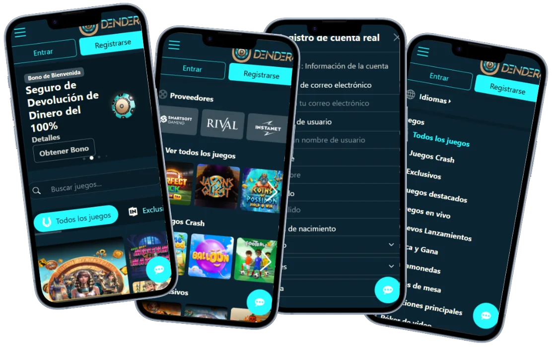 Dendera Casino versión móvil con juegos, menú y formulario de registro